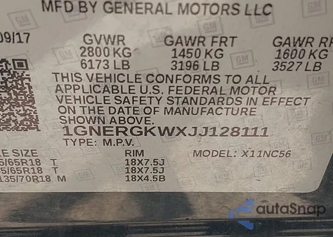 2018 Chevrolet Traverse 1Lt из США, поврежденный, VIN 1GNERGKWXJJ128111